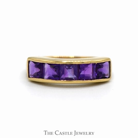 Versatile Jewelry 5 Channel Set Square Cut Amethyst Band in 14k Yellow Gold