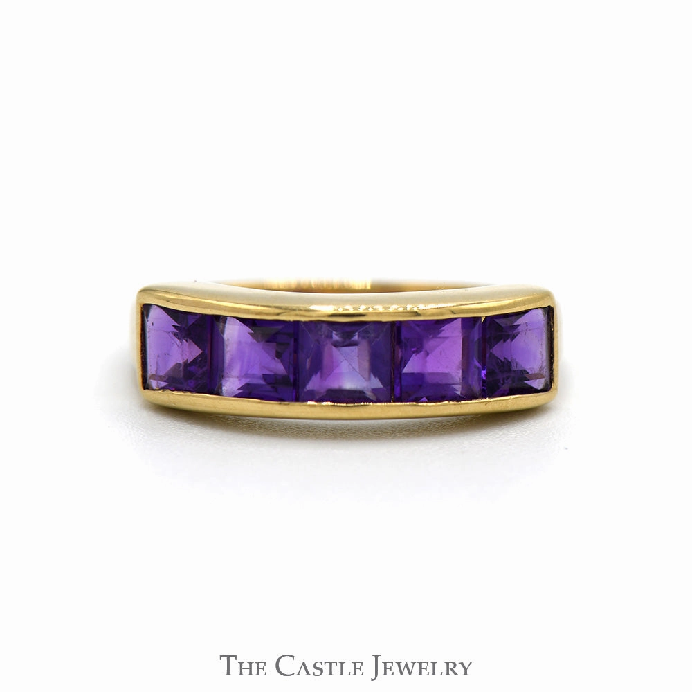 Versatile Jewelry 5 Channel Set Square Cut Amethyst Band in 14k Yellow Gold