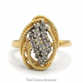 Waterfall Diamond Cluster Ring with Rope Designed Bezel in 14k Yellow Gold Sturdy Decoration