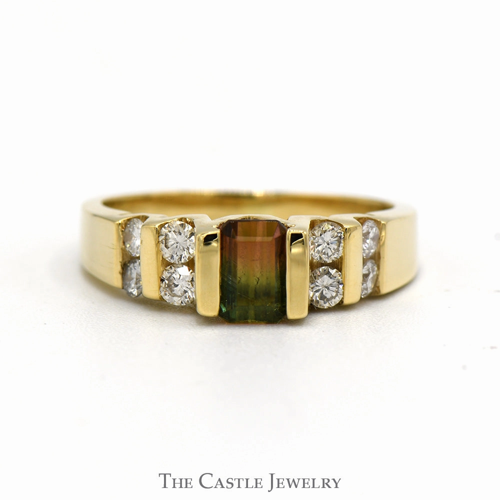 Emerald Cut Watermelon Tourmaline Ring With Channel-Set Diamonds .38 CTTW In 14KT Yellow Gold Statement Look Chic Adornment