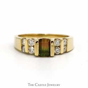 Emerald Cut Watermelon Tourmaline Ring With Channel-Set Diamonds .38 CTTW In 14KT Yellow Gold Statement Look Chic Adornment