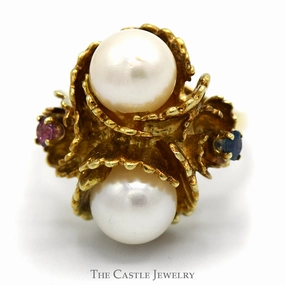Luxury Article Dress Up Double Pearl Ring in Floral Setting with Sapphire & Ruby Accents in 14k Yellow Gold