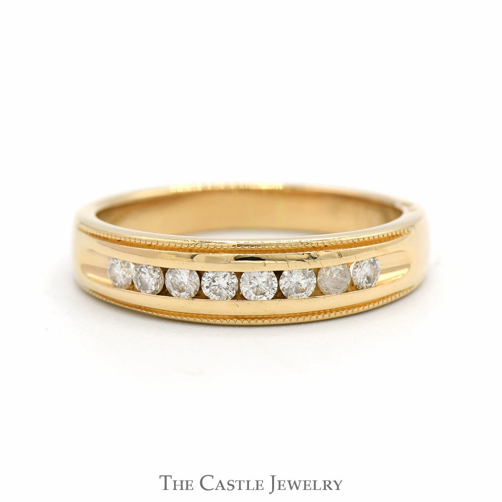 1/2cttw Channel Set Round Diamond Band with Milgrain Edges in 14k Yellow Gold Geometric Art Modern Design