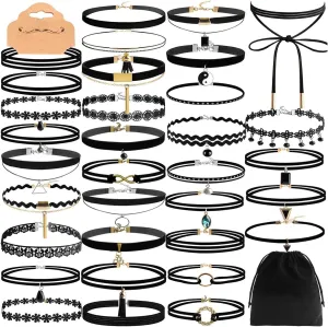 Outee 44 Pcs Choker Necklaces for Women Black Choker Set Tattoo Choker Necklace Classical Velvet Chokers