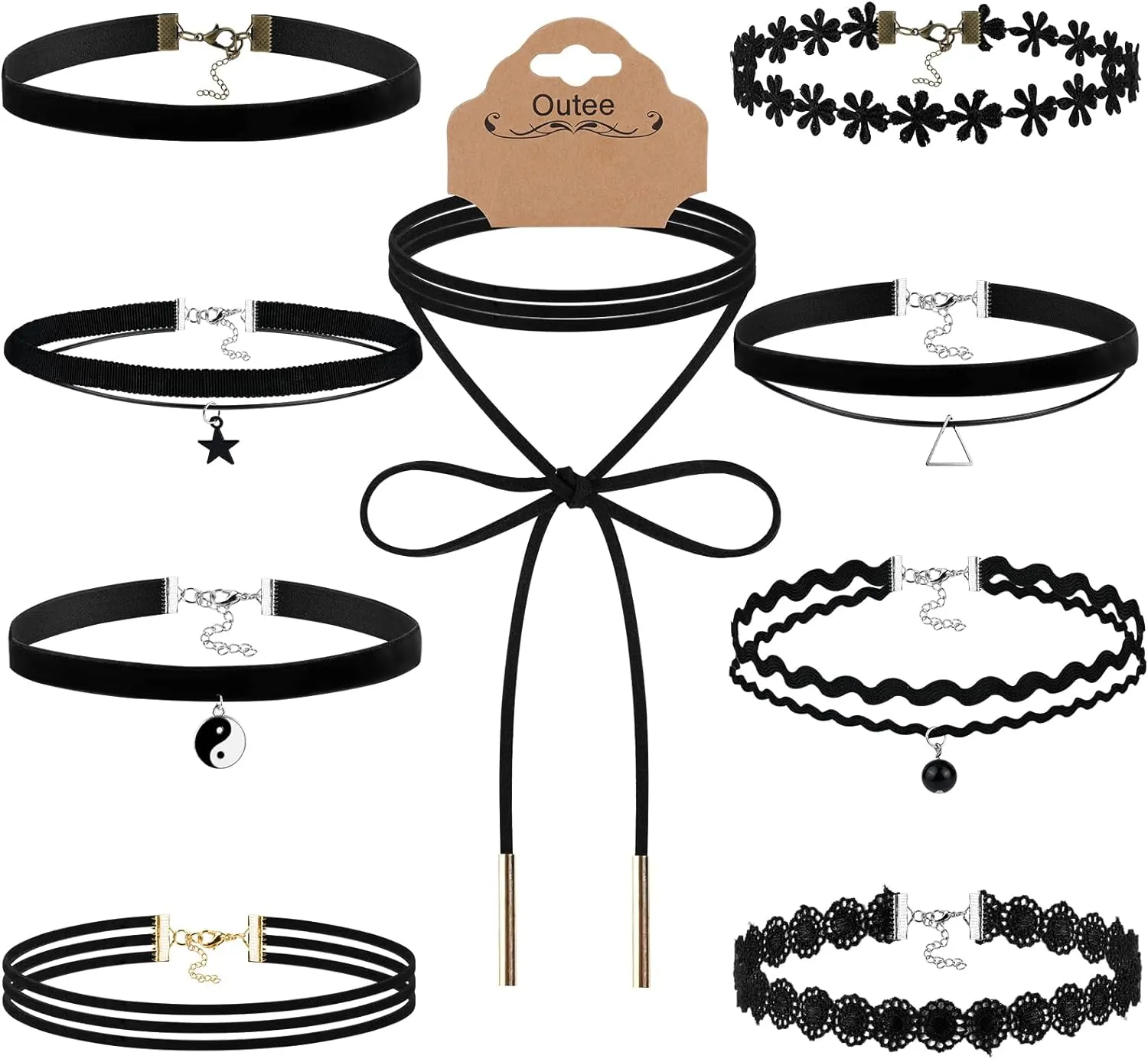 Outee 9 Pcs Choker Set Black Chokers Necklaces for Women Black Velvet Choker Necklaces Ribbon Chokers for Women