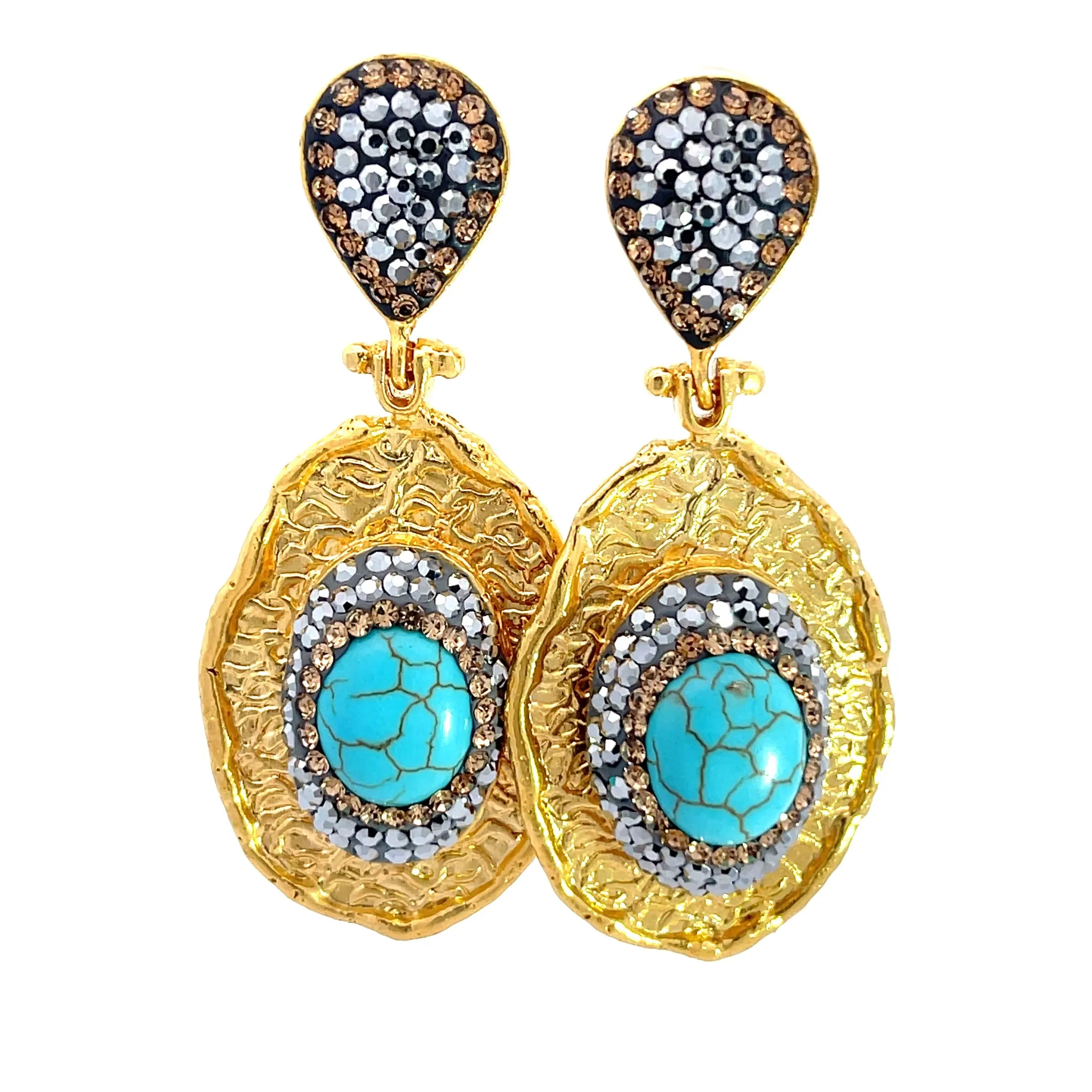 Oval Gemstone & Crystal Brass Dangle Earring