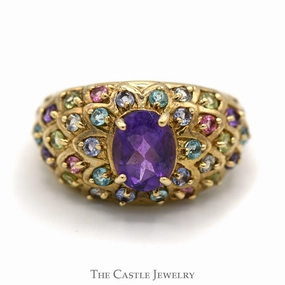 Oval Amethyst & Multi Gemstone Cluster Ring in 10k Yellow Gold Textured Finish Warm Tone