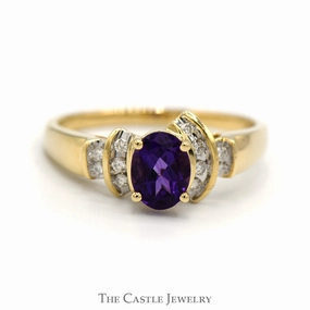 Festival wear Precision Cut Oval Amethyst Ring with Channel Set Diamond Accents in 14k Yellow Gold Vintage Mounting