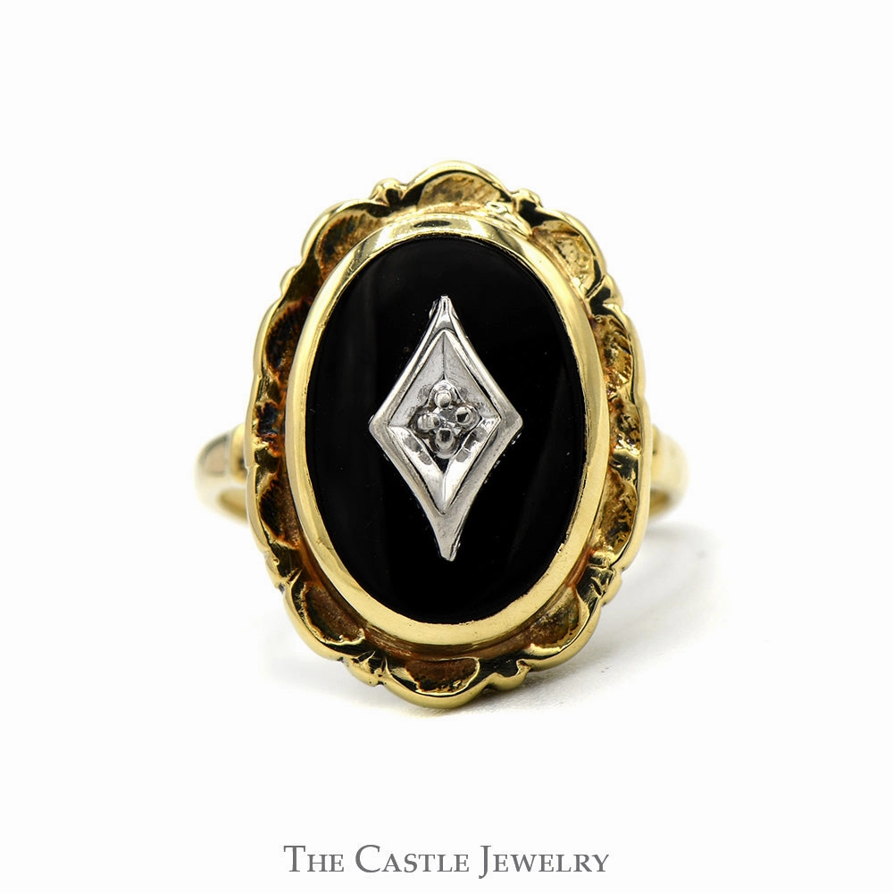 All Day New Style Oval Black Onyx Shield Ring with Diamond Accent and Scalloped Bezel in 10k Yellow Gold