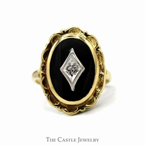 All Day New Style Oval Black Onyx Shield Ring with Diamond Accent and Scalloped Bezel in 10k Yellow Gold