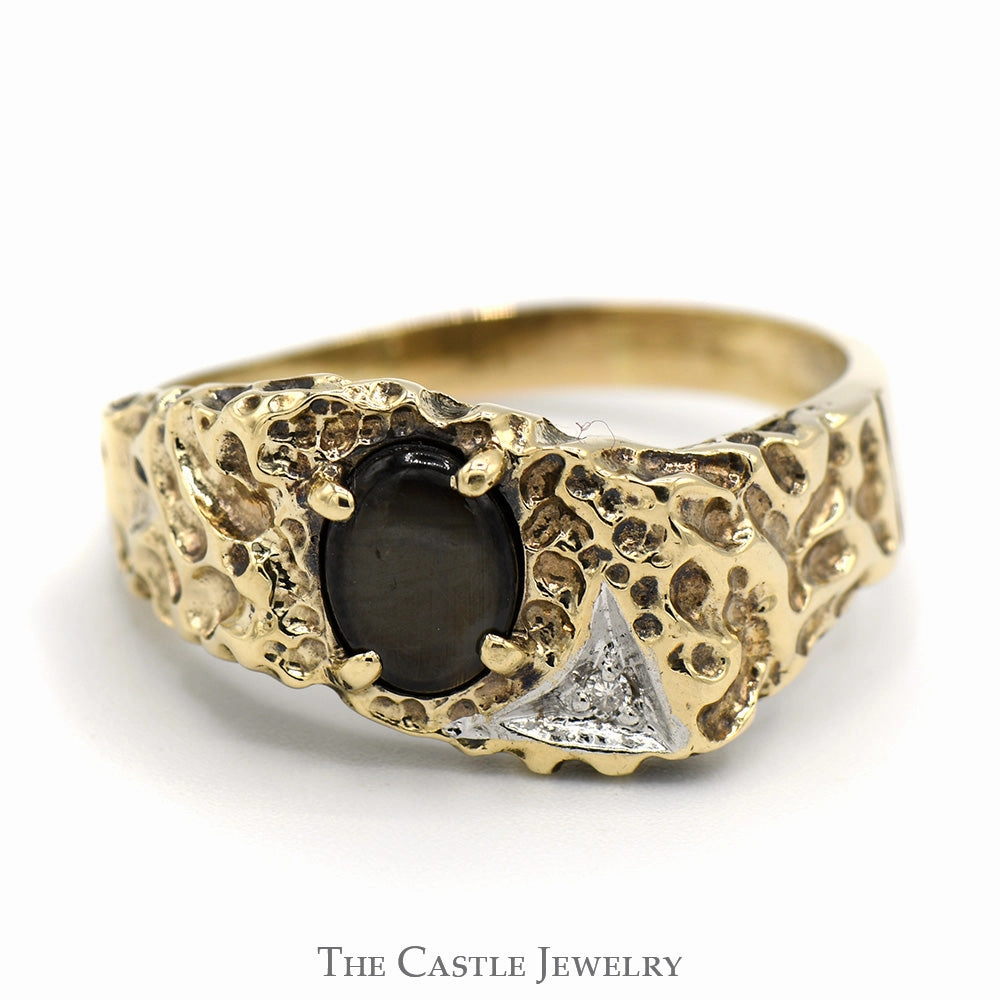 Oval Black Star Stone Ring with Diamond Accent in 10k Yellow Gold Nugget Mounting Stylish Embellishment