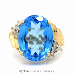 Gentle Balance Hypoallergenic Statement Oval Blue Topaz Ring with Diamond Accents in 10k Yellow Gold