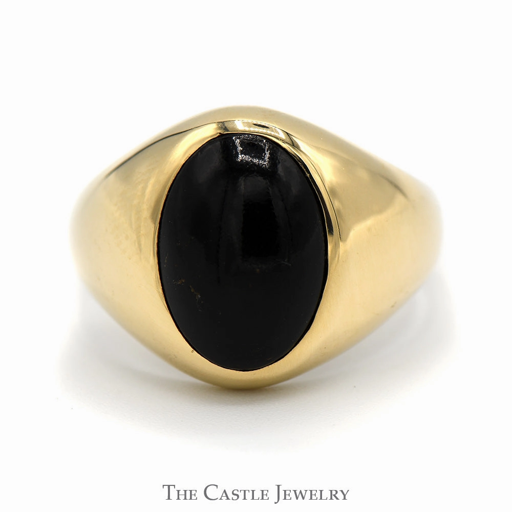 Innovative Style Oval Cabochon Black Onyx Dome Ring in Polished 14k Yellow Gold