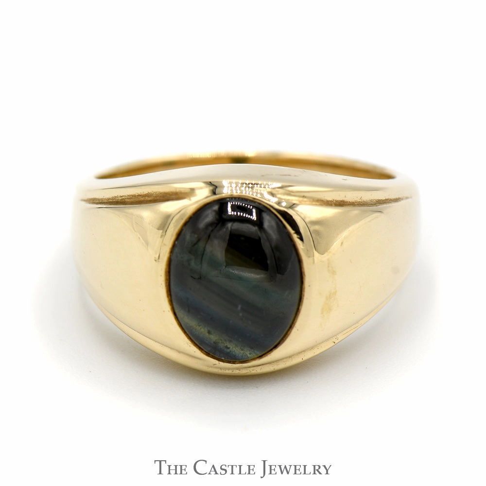 Oval Cabochon Black Star Sapphire Ring with Polished Sides in 14k Yellow Gold Robust Build