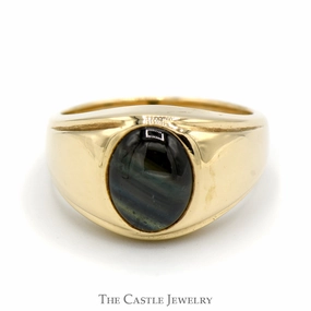 Oval Cabochon Black Star Sapphire Ring with Polished Sides in 14k Yellow Gold Robust Build