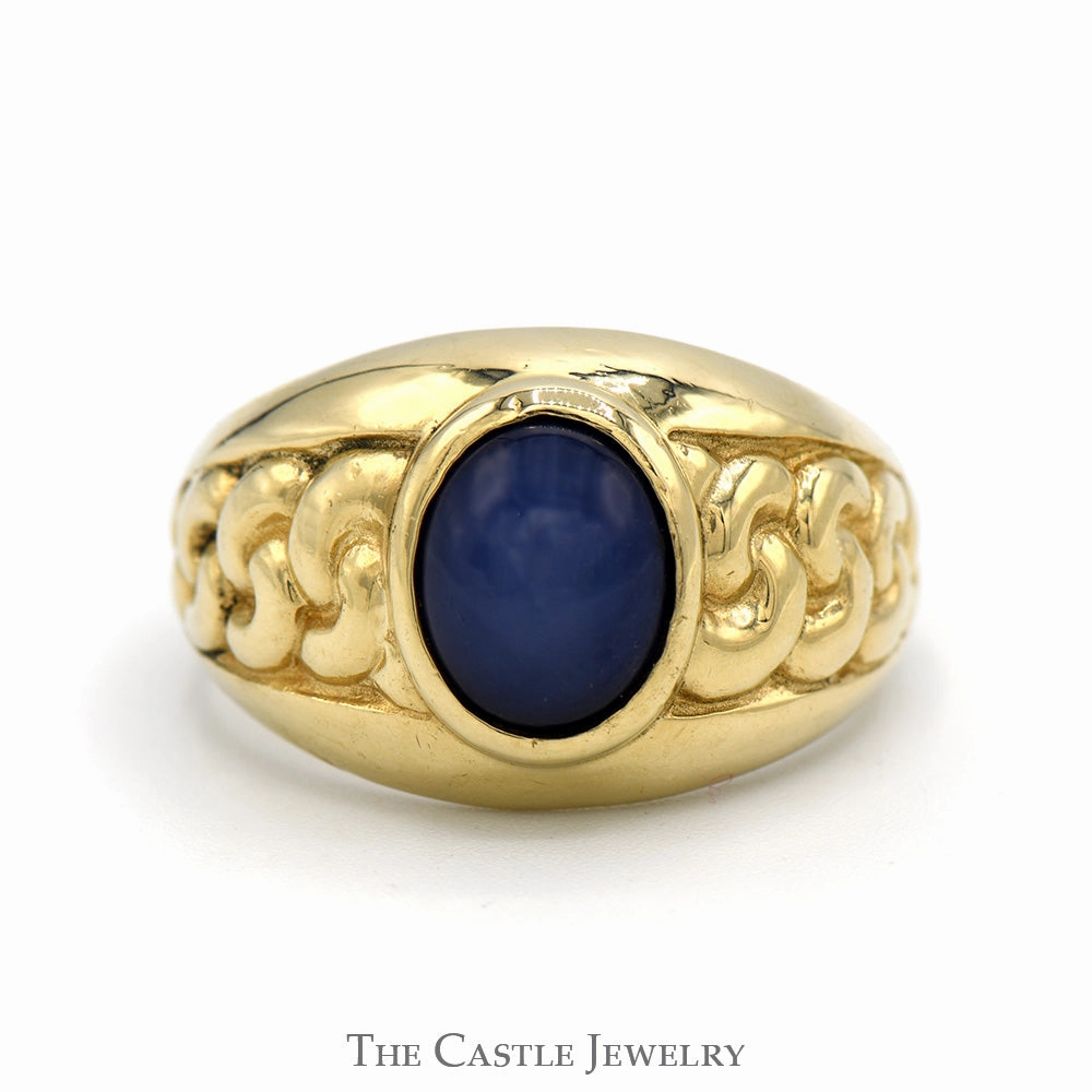 Classic Object Oval Cabochon Blue Lindy Star Ring with Braided Sides in 10k Yellow Gold