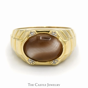 Traditional Sign Stylish Symbol Oval Cabochon Brown Cat's Eye Ring with Diamond Accents and Ridged Sides in 10k Yellow Gold