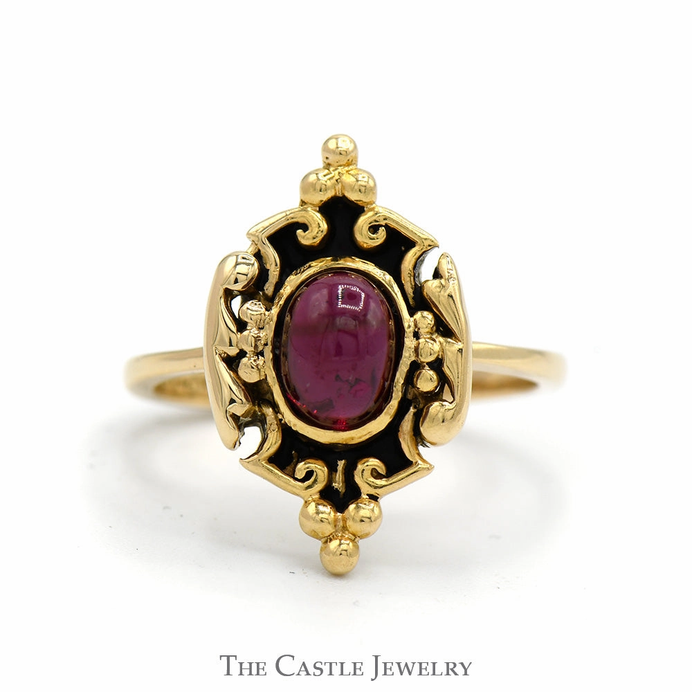 Strong Embellishment Low-Cost Symbol Oval Cabochon Garnet Ring in 14k Yellow Gold Ornate Shield Designed Mounting