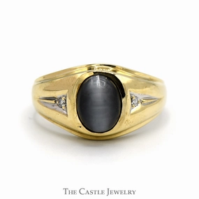 Weekend Glam Easy Design Oval Cabochon Grey Tiger's Eye Ring with Diamond Accented Sides in 10k Yellow Gold