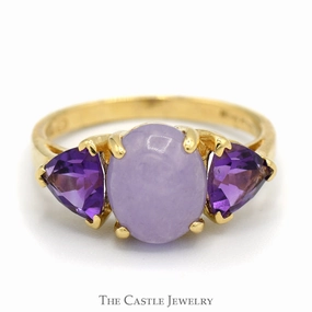 Budget Symbol Oval Cabochon Lavender Jade Ring with Trillion Cut Amethyst Accents in 14k Yellow Gold