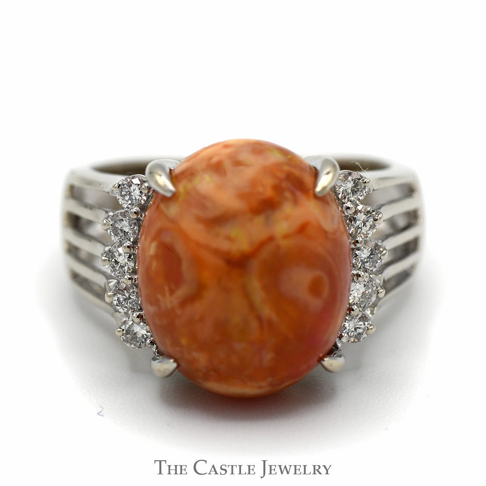 Value Product Oval Cabochon Mexican Fire Opal Ring with Diamond Accents in 14k White Gold