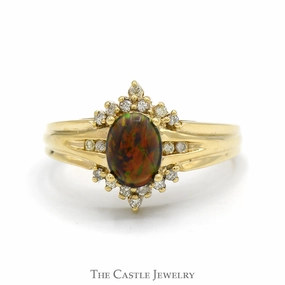 Oval Cabochon Opal Ring with Diamond Accents in 10k Yellow Gold Iconic Style Everyday Design