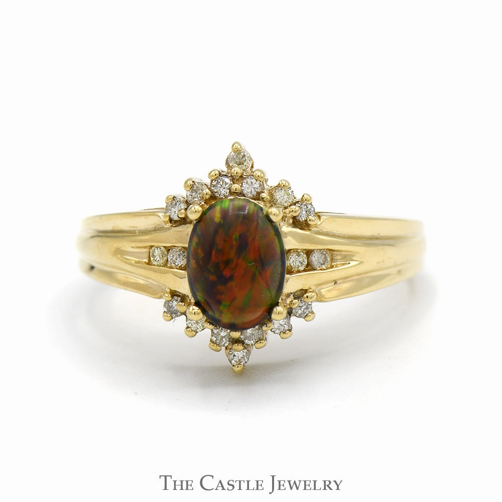 Oval Cabochon Opal Ring with Diamond Accents in 10k Yellow Gold Iconic Style Everyday Design