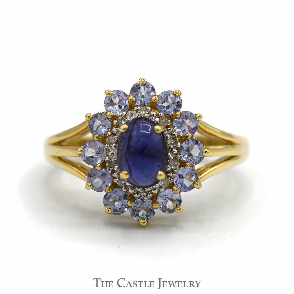 Oval Cabochon Tanzanite Ring with Round Tanzanite and Illusion Set Diamond Halo in 10k Yellow Gold Everyday Favorite Any Style