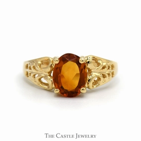 Oval Citrine Ring with Open Filigree Sides in 10k Yellow Gold Gift wrapping Evening Glam