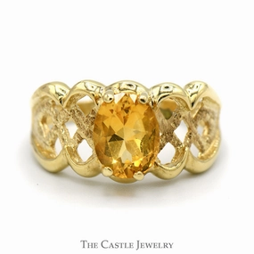 Branded Work Oval Citrine Ring with Open Lattice Designed Band in 10k Yellow Gold