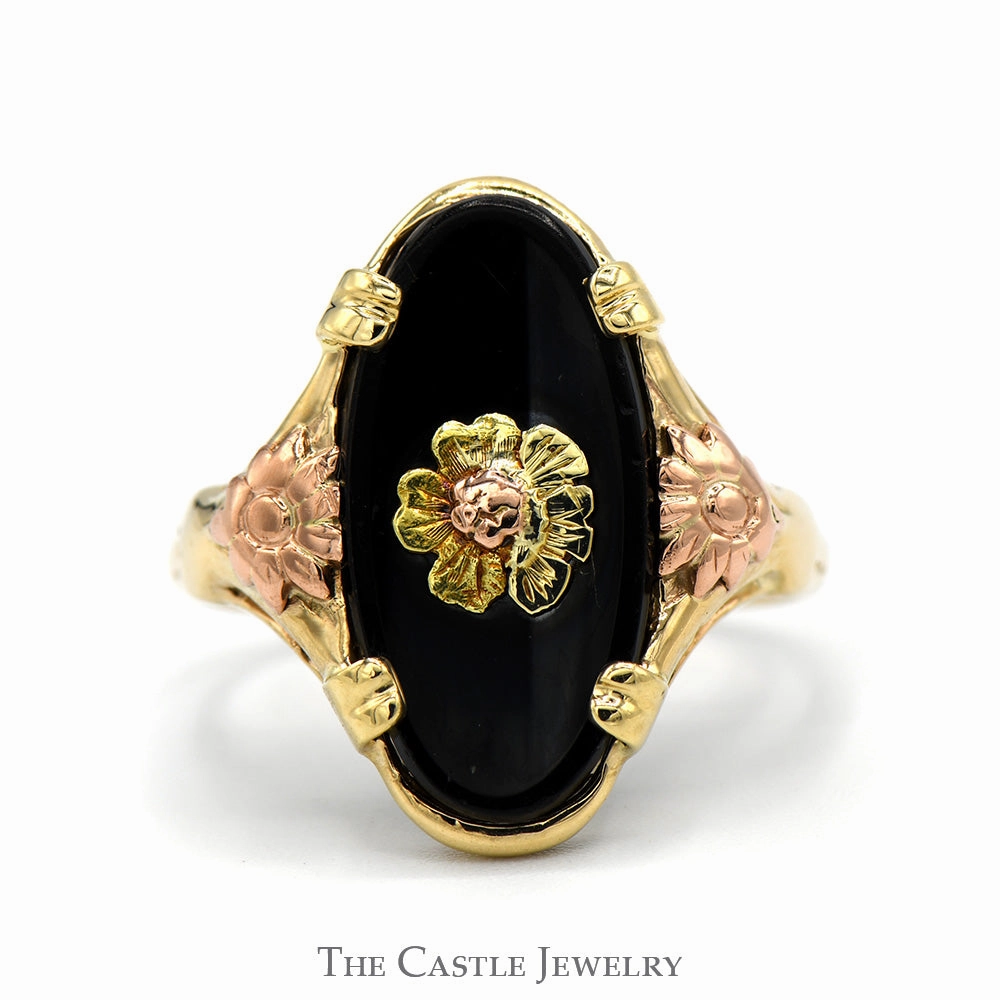 Any Season Look Daily Texture Oval Cut Black Onyx Shield Ring with Two Tone Floral Design in 10k Yellow Gold