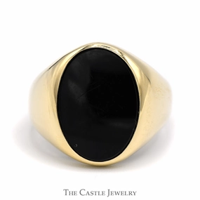 Oval Cut Black Onyx Signet Ring in 10k Yellow Gold Tapered Mounting Vintage Embellishment Unique Ornament