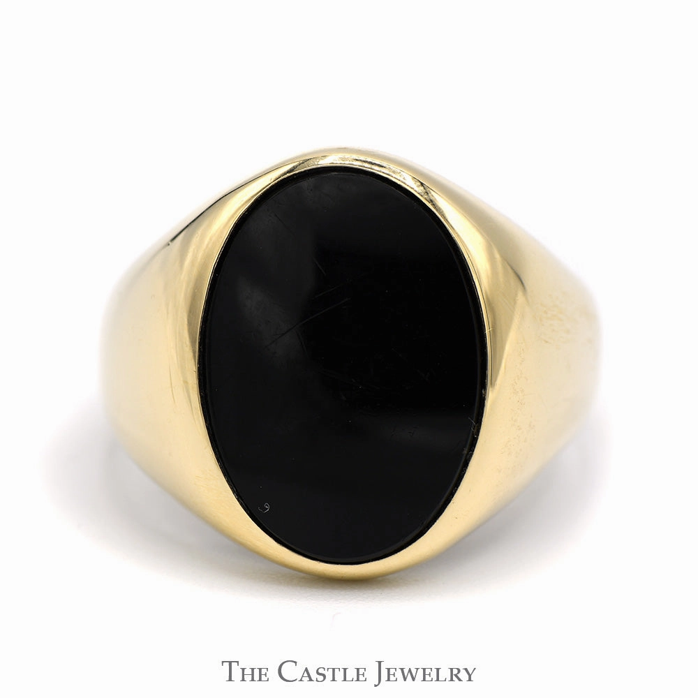 Oval Cut Black Onyx Signet Ring in 10k Yellow Gold Tapered Mounting Vintage Embellishment Unique Ornament