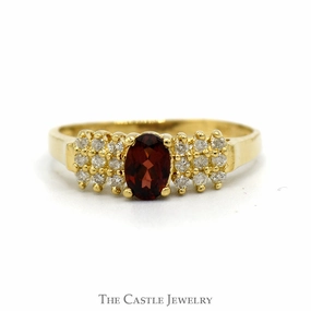 Exquisite work Polished Design Oval Cut Garnet And Diamond Ring With  .18 CTTW Diamonds In 14KT Yellow Gold