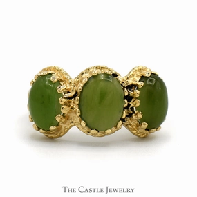 Oval Cut Green Jade Three Stone Ring with Open Split Shank Sides in 14k Yellow Gold Stylish Statement