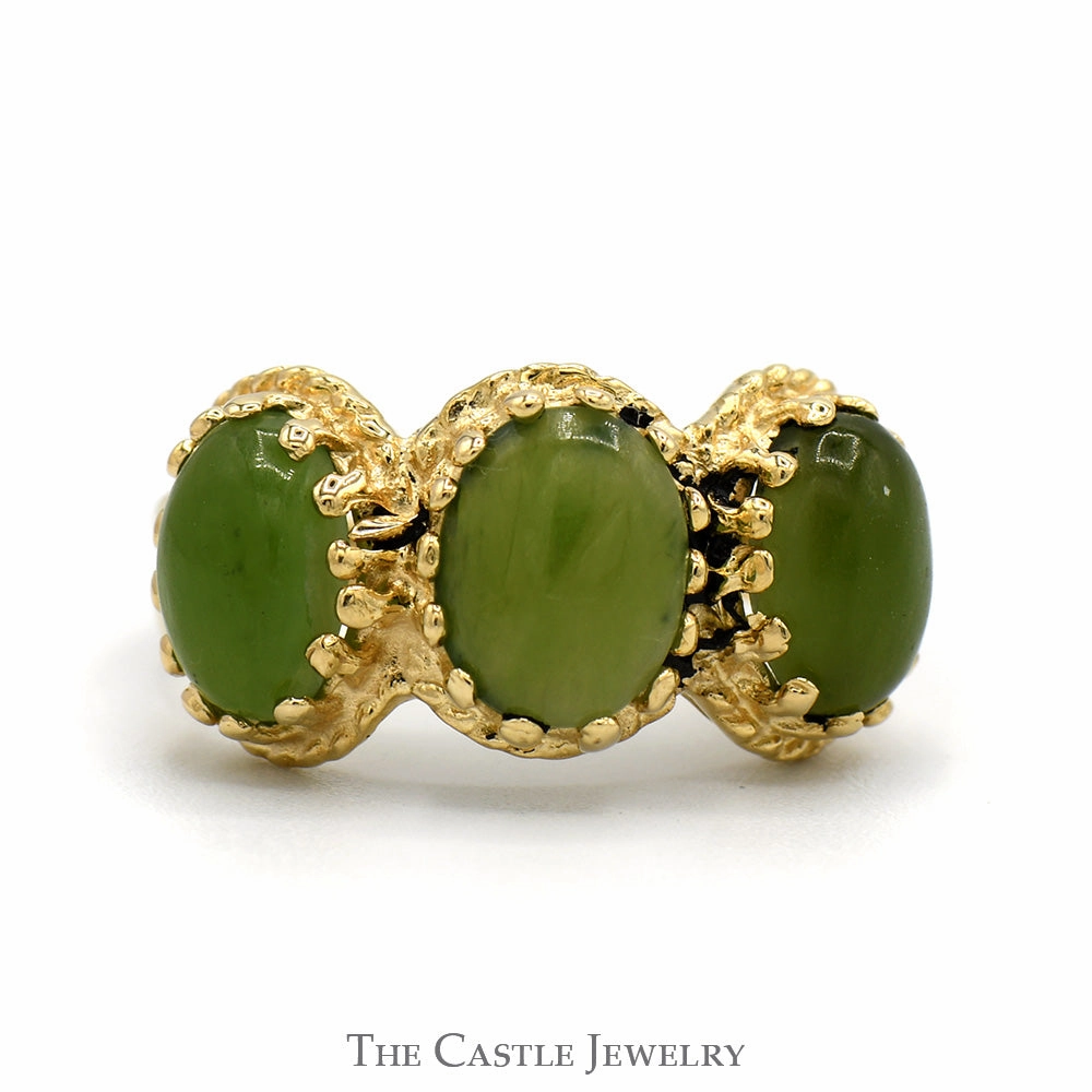 Oval Cut Green Jade Three Stone Ring with Open Split Shank Sides in 14k Yellow Gold Stylish Statement