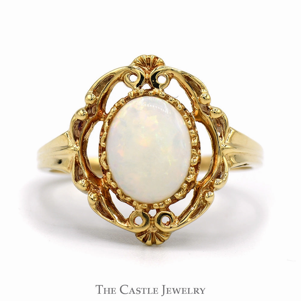 Oval Cut Opal Ring in 10k Yellow Gold Open Antique Style Mounting Balanced Motion