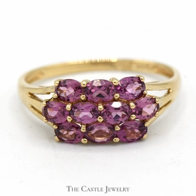 Fantastic Article Lightweight Art Oval Cut Rhodolite Garnet Cluster Ring in 14k Yellow Gold Split Shank Setting