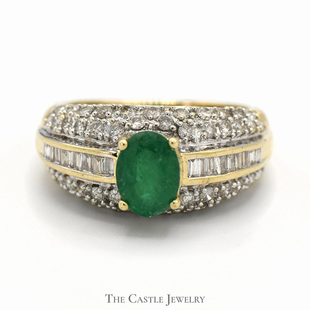 Oval Emerald Ring with Channel Set Baguette and Pave Round Diamond Accents in 14k Yellow Gold Amazing Embellishment