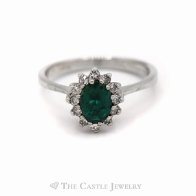 Delicate Work Artisan Piece Oval Emerald with Diamond Halo Ring in 14KT White Gold