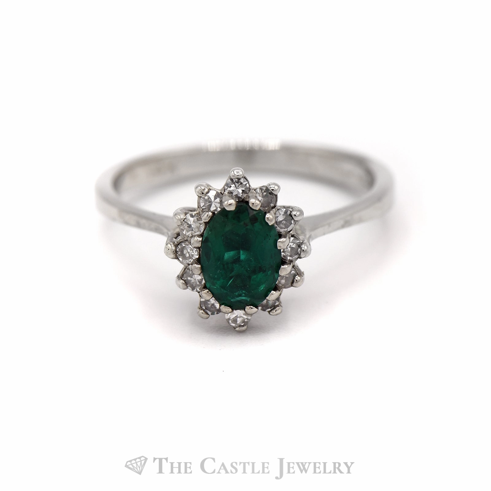 Delicate Work Artisan Piece Oval Emerald with Diamond Halo Ring in 14KT White Gold