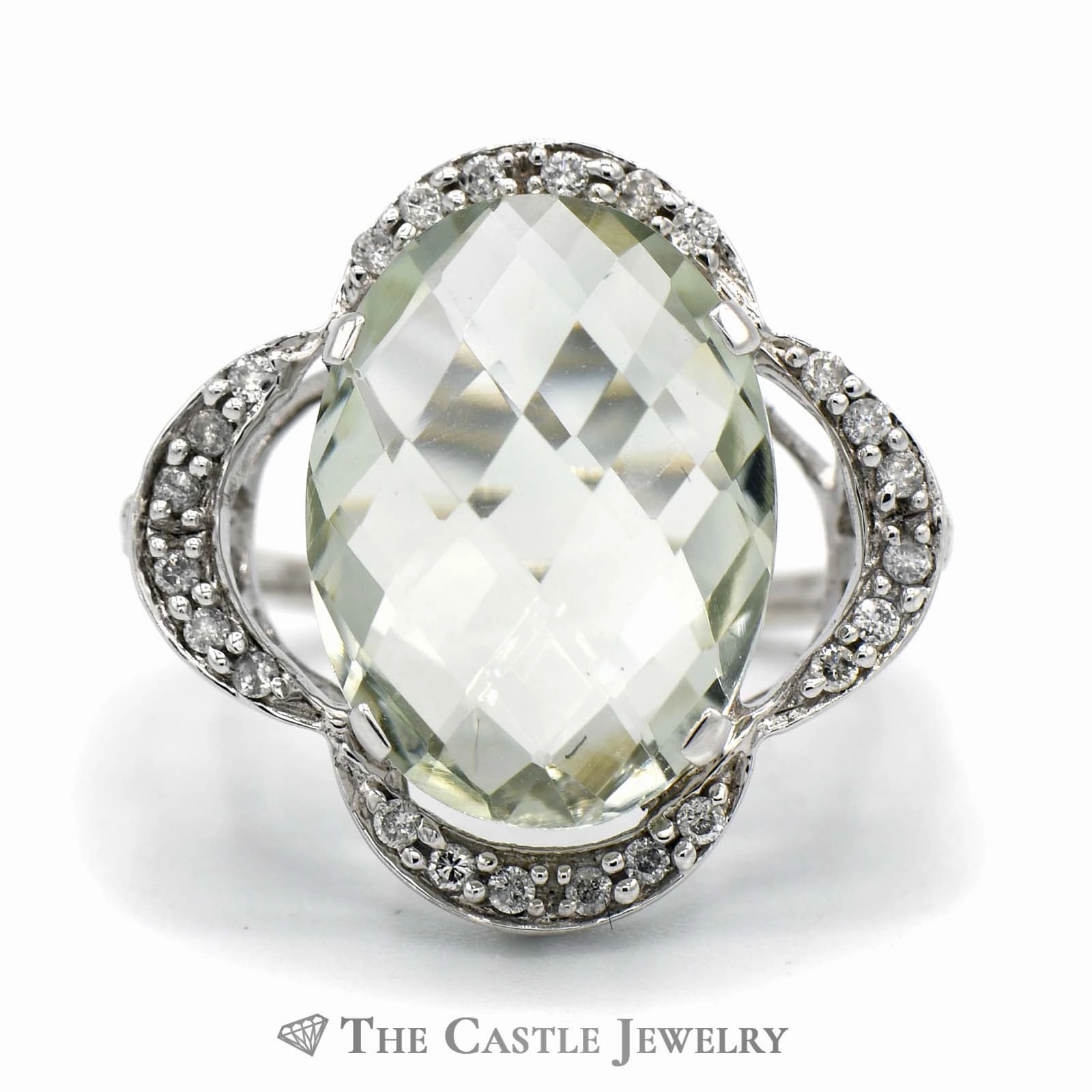 Oval Fantasy Cut Green Quartz Ring with Curved Flower Design Diamond Bezel in 14k White Gold Shiny Gift