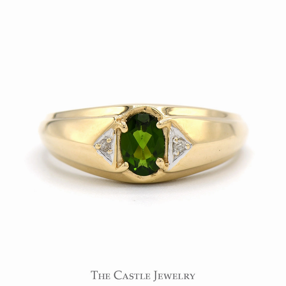 Oval Green Tourmaline Ring with Diamond Accents in 10k Yellow Gold Artisan Product Exclusive Decoration