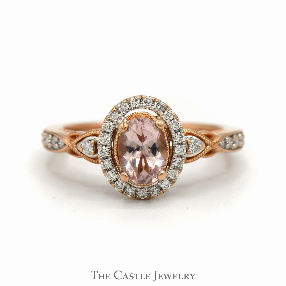 Excellent Design Oval Morganite Ring with Diamond Halo and Accented Sides in 10k Rose Gold