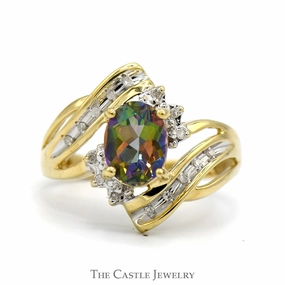 Classic Emblem Oval Mystic Topaz Ring with Diamond Accented Open Split Shank Bypass Design in 10k Yellow Gold
