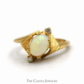 Oval Opal Ring with Double Diamond Accents in 14k Yellow Gold Resilient Look Amazing Work