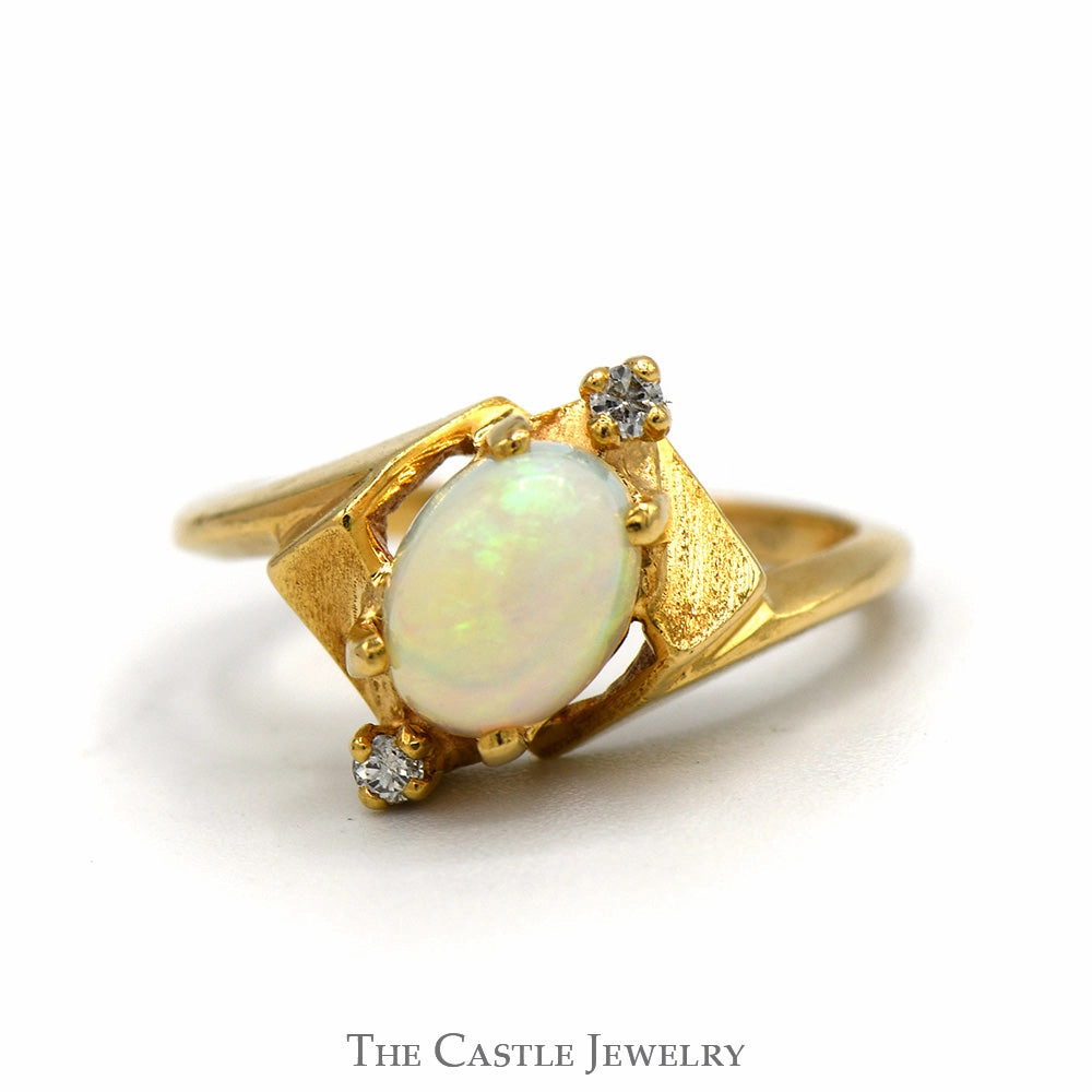 Oval Opal Ring with Double Diamond Accents in 14k Yellow Gold Resilient Look Amazing Work