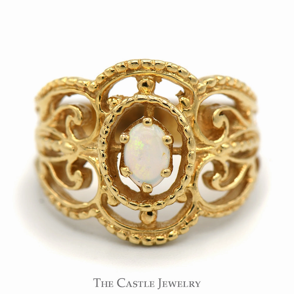 Metric Measure Organic form Oval Opal Ring with Open Beaded Scroll Design in 14k Yellow Gold