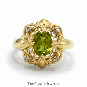 Classic Flow Custom Trinket Oval Peridot Ring with Diamond Accented Filigree Halo in 10k Yellow Gold