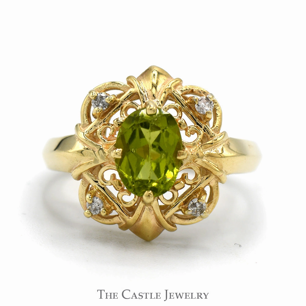 Classic Flow Custom Trinket Oval Peridot Ring with Diamond Accented Filigree Halo in 10k Yellow Gold
